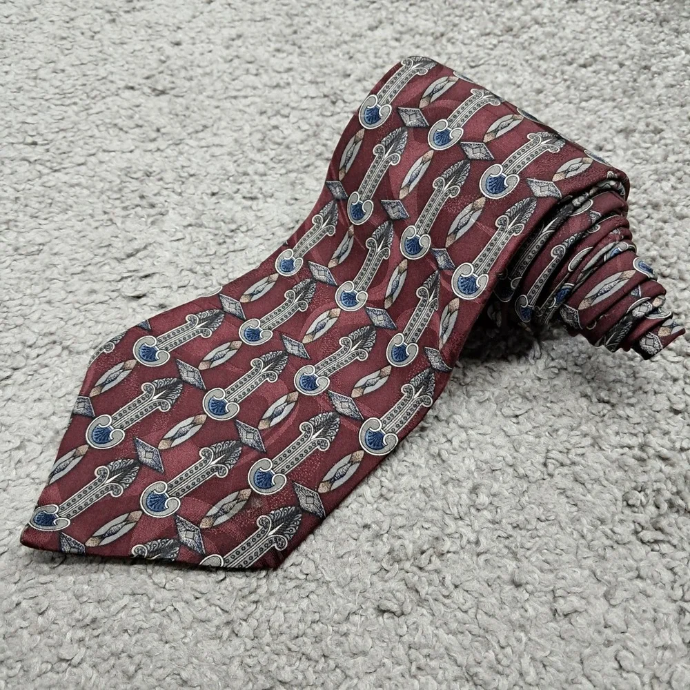 Surrey Mens Silk Necktie Burgundy Blue Geometric Architectural Pattern USA Made